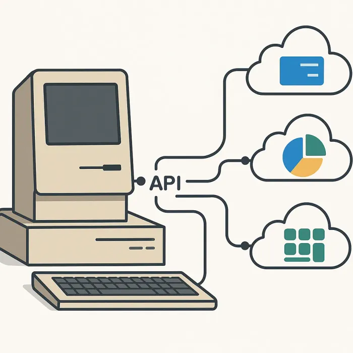 Legacy system with API connectors extending out to modern cloud tools