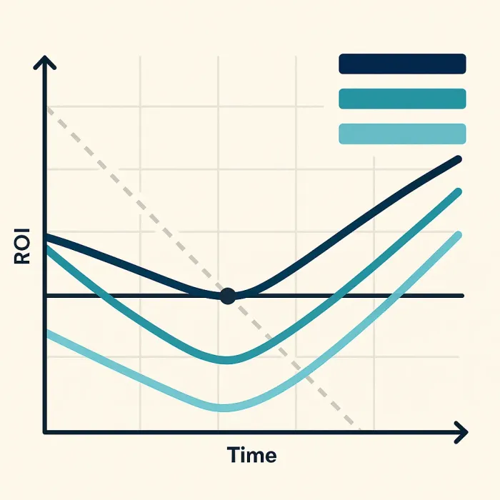 ROI timeline chart showing break-even point across three software scenarios