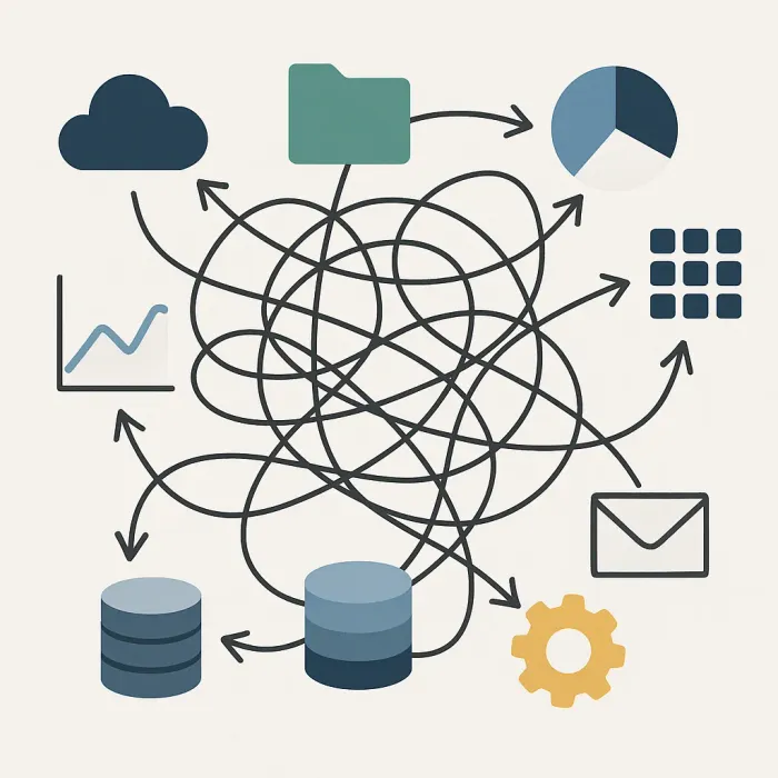 tangled web of disconnected system icons with manual arrows between them