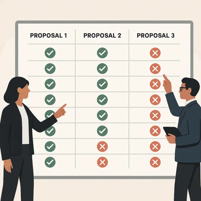 Side-by-side comparison table with ten criteria rows and three proposal columns