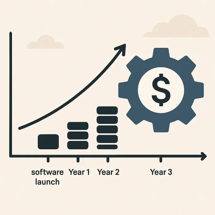 timeline showing rising maintenance costs over years after software launch