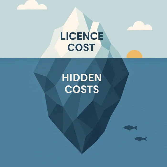 Iceberg diagram showing licence cost above water, hidden costs below