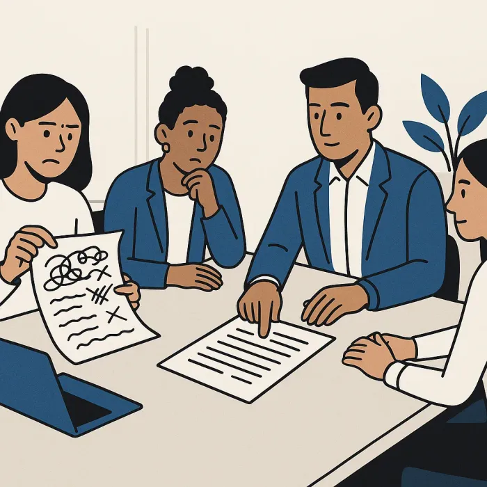 business team around table reviewing a messy requirements document versus a clear structured brief