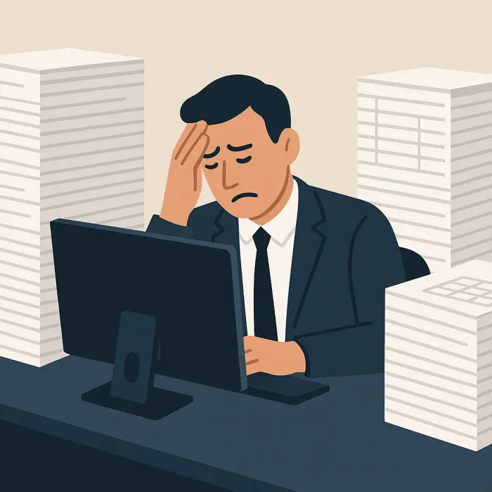 business owner frustrated at screen surrounded by stacked spreadsheet printouts