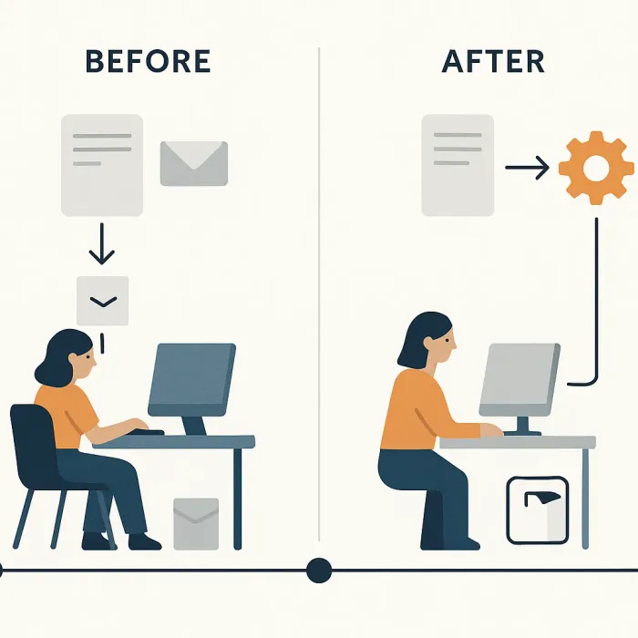 before and after diagram of manual vs automated order flow with time labels