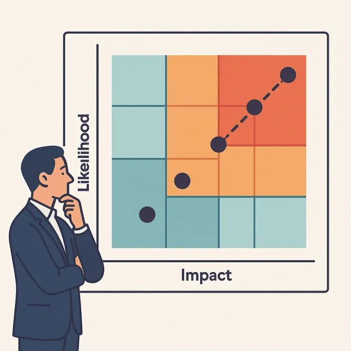 Risk prioritisation matrix with axes: likelihood and impact, PoC targets in top-right quadrant