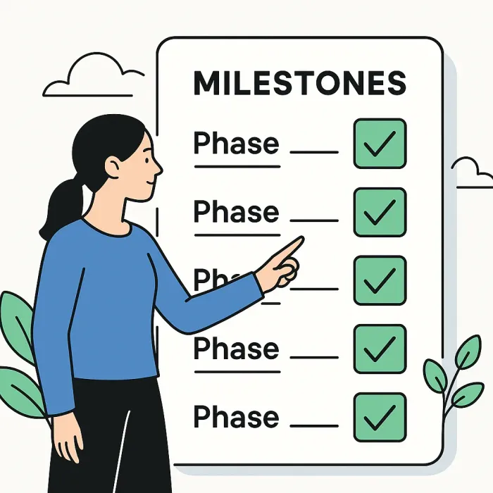 milestone checklist with sign-off boxes at each project phase