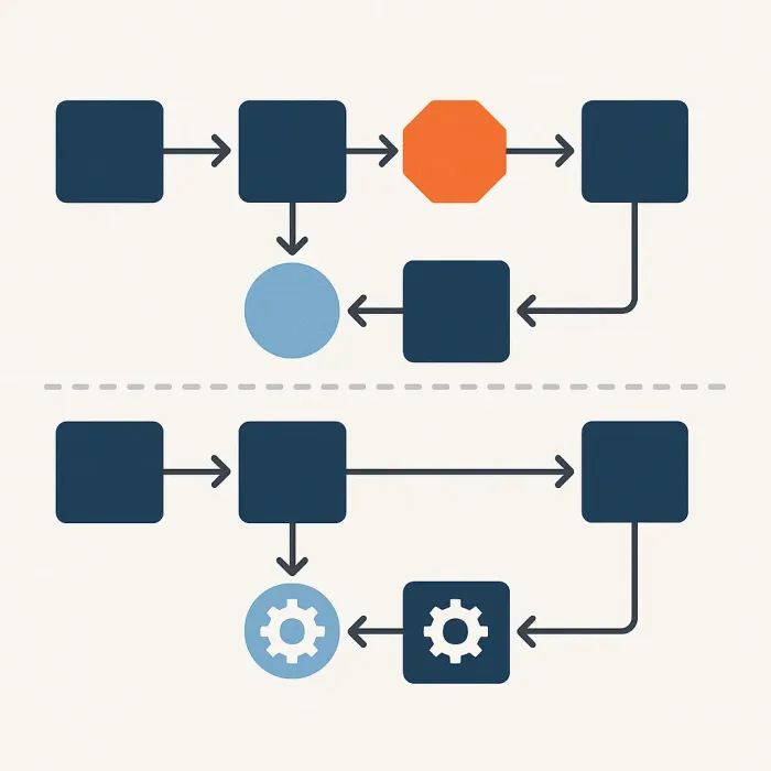 Workflow diagram showing before and after process improvement, with bottlenecks removed and automated steps highlighted