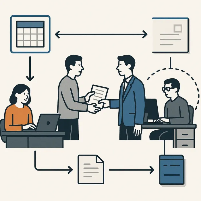 SME office workflow diagram showing disconnected spreadsheets, manual handovers, and data silos between departments