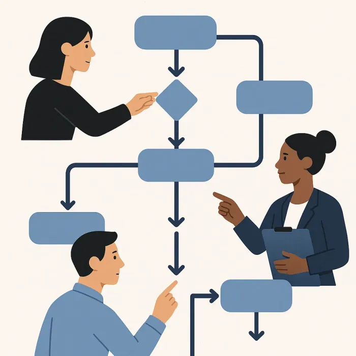 flowchart showing order intake steps decisions and handoffs across departments