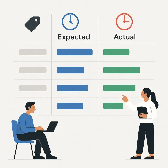table comparing expected vs actual time for each handover in a wholesale order process