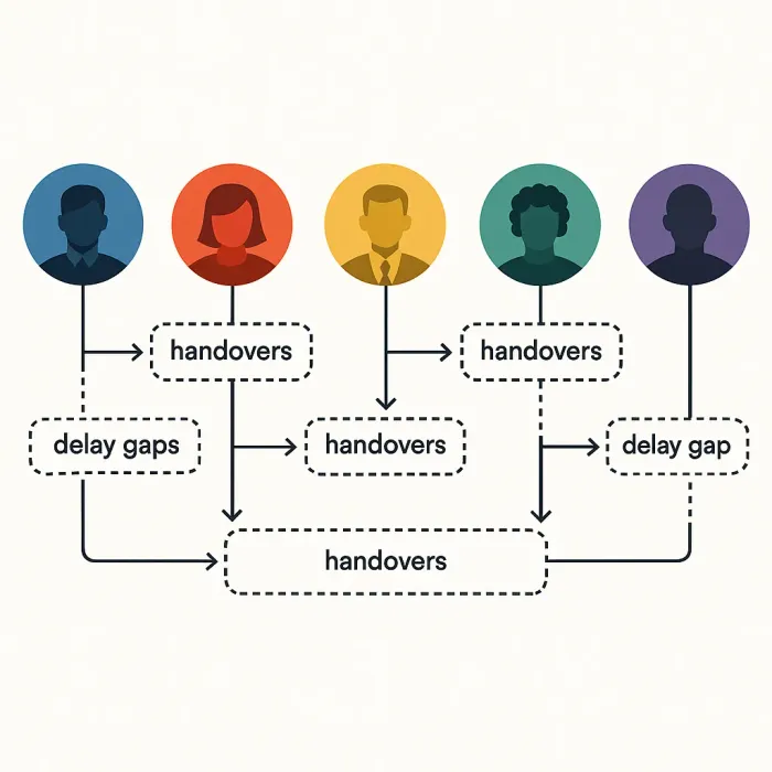 process flow diagram showing handovers between five teams with delay gaps highlighted