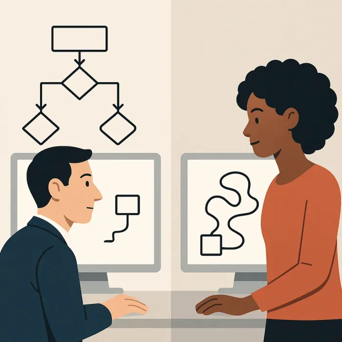 manager's flowchart vs employee's actual winding process side by side