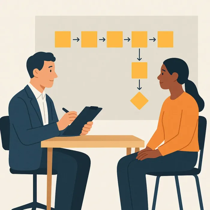 interviewer and employee at desk, sticky notes mapping a real process step by step