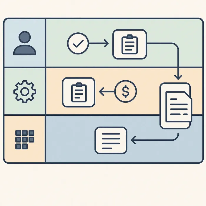 Swimlane diagram showing order-to-invoice flow across sales, operations, finance, and systems lanes